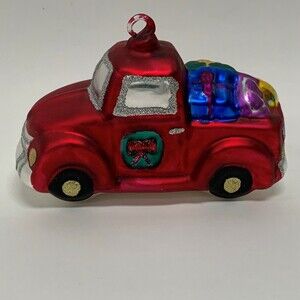 Dillards Trimmings Hand Painted Glass Red Truck Christmas Ornament 5.5" x 2.5"
